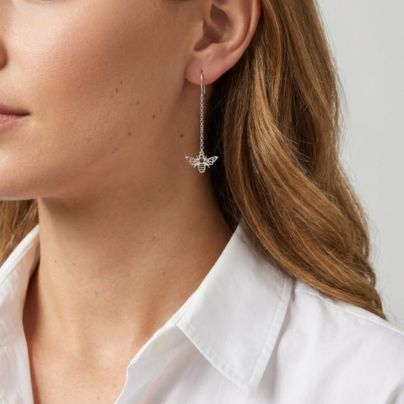 Boucles d'oreilles Pendantes Argent Rhodié Abeille Origami porté