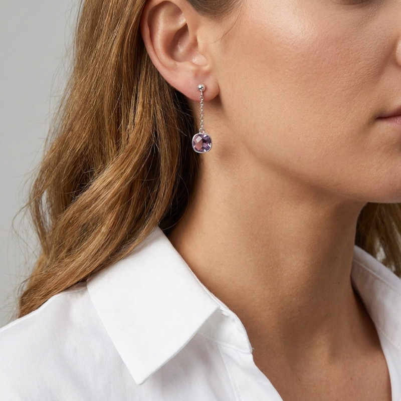 Boucles d'oreilles Pendantes Argent Rhodié Améthyste coussin porté