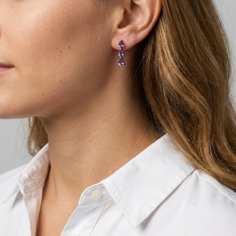 Boucles d'oreilles Pendantes Argent Rhodié Améthyste Poire porté