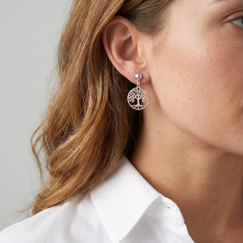 Boucles d'oreilles pendantes argent rhodié arbre de vie 2 tons porté