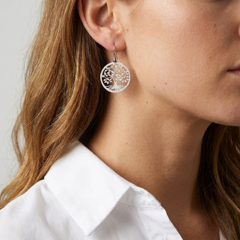 Boucles d'oreilles pendantes argent rhodié arbre de vie 30mm porté