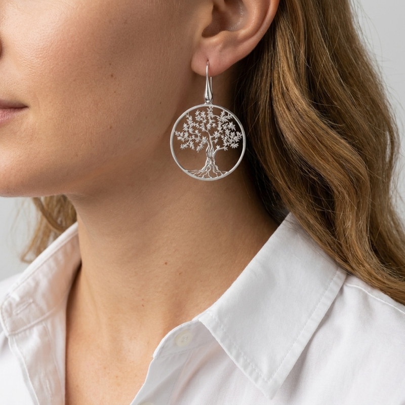 Boucles d'oreilles pendantes argent rhodié arbre de vie 30mm porté