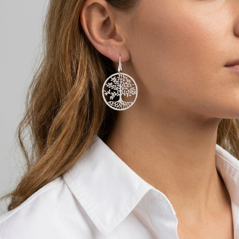 Boucles d'oreilles pendantes argent rhodié arbre de vie 30mm porté