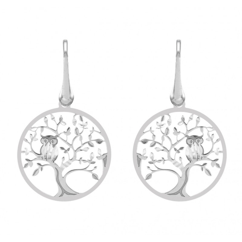 Boucles d'oreilles pendantes argent rhodié arbre de vie avec hibou