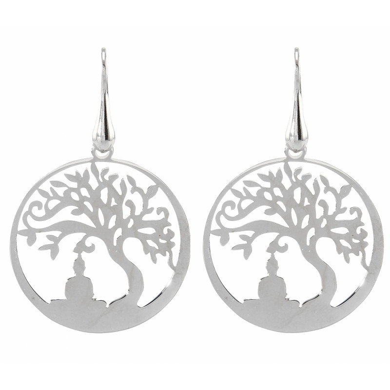 Boucles d'oreilles pendantes argent rhodié arbre de vieet Bouddha 30mm