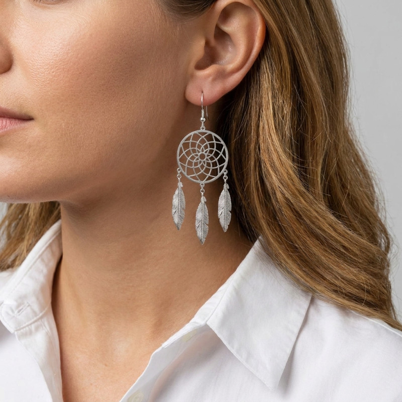 Boucles d'oreilles pendantes Argent Rhodié attrape rêve porté