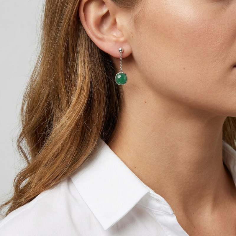 Boucles d'oreilles Pendantes Argent Rhodié Aventurine coussin porté