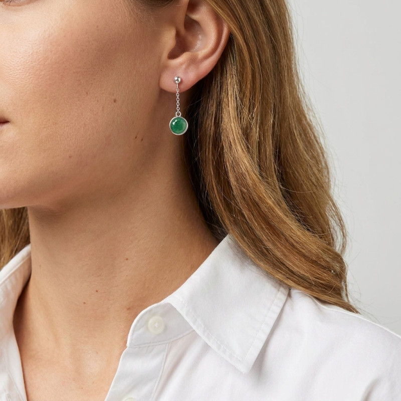Boucles d'oreilles Pendantes Argent Rhodié  Aventurine ronde porté