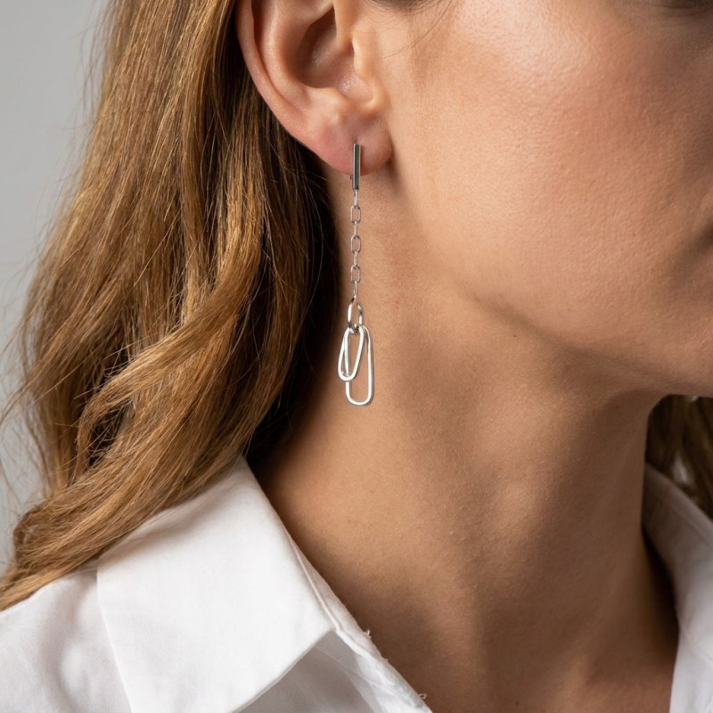 Boucles d'oreilles Pendantes Argent Rhodié Chaînette et Anneaux ovales porté