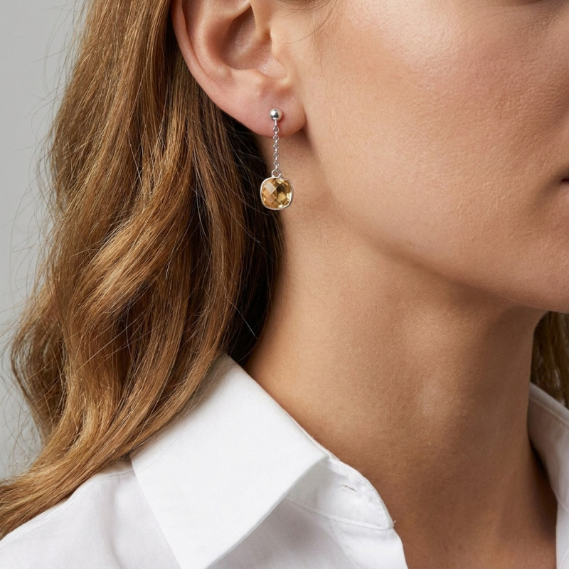 Boucles d'oreilles Pendantes Argent Rhodié Citrine coussin porté