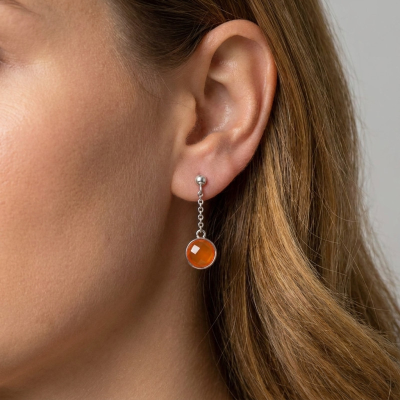 Boucles d'oreilles Pendantes Argent Rhodié  Cornaline ronde porté