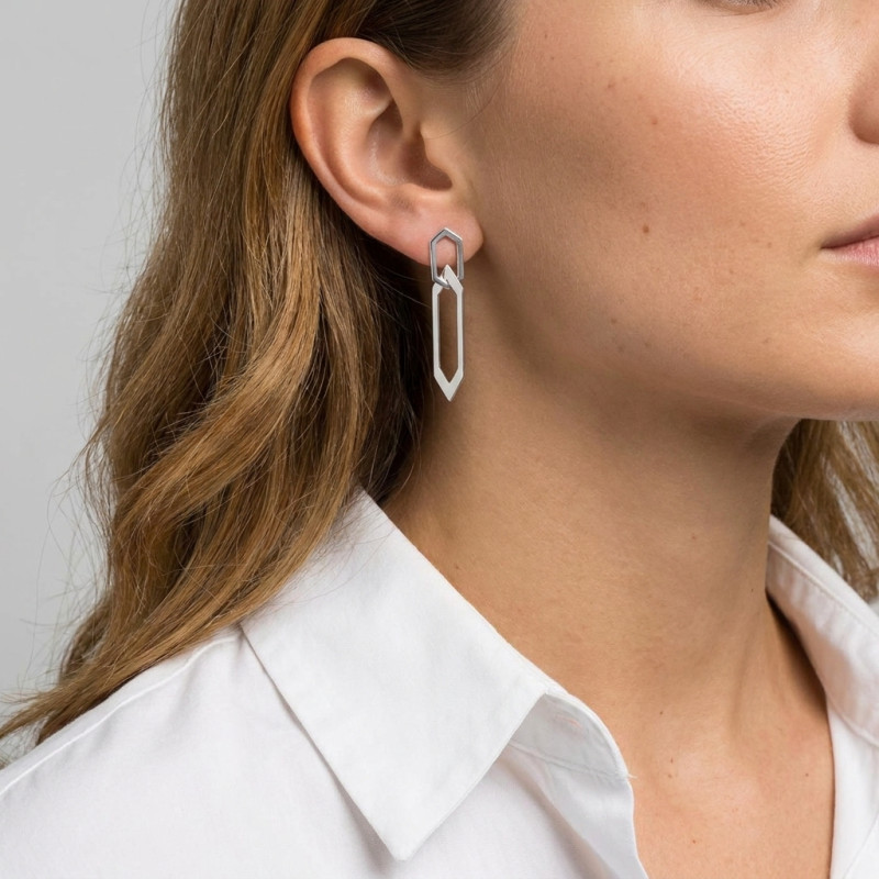 Boucles d'oreilles Pendantes Argent Rhodié Formes hexagonales  porté
