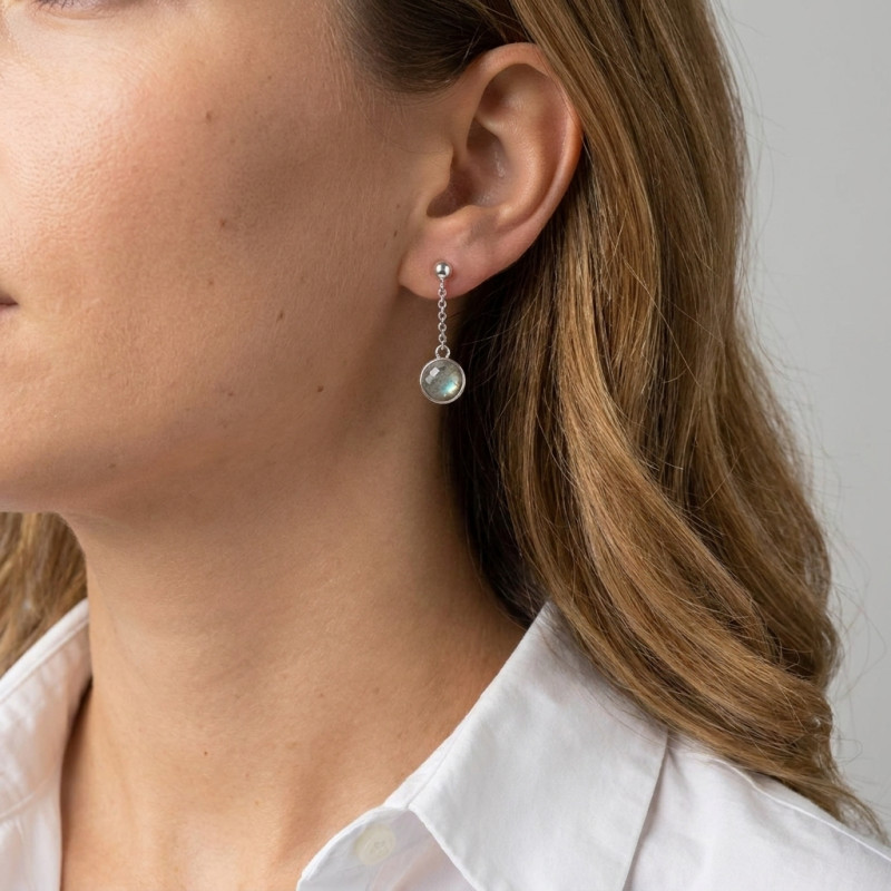 Boucles d'oreilles Pendantes Argent Rhodié  Labradorite grise ronde porté