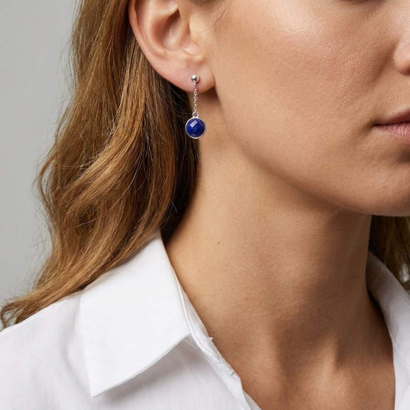 Boucles d'oreilles Pendantes Argent Rhodié  Lapis lazuli rond porté