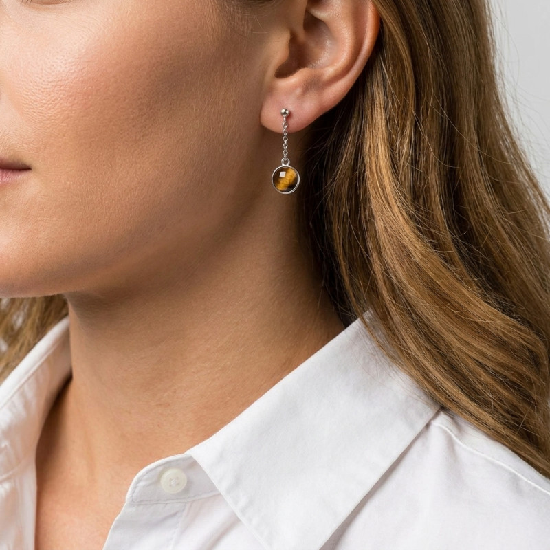 Boucles d'oreilles Pendantes Argent Rhodié Oeil de tigre rond porté