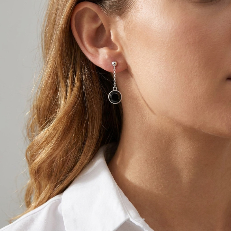 Boucles d'oreilles Pendantes Argent Rhodié  Onyx rond porté