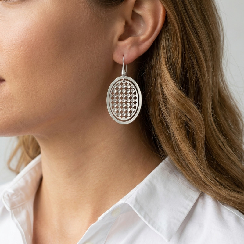 Boucles d'oreilles pendantes argent rhodié ovales porté