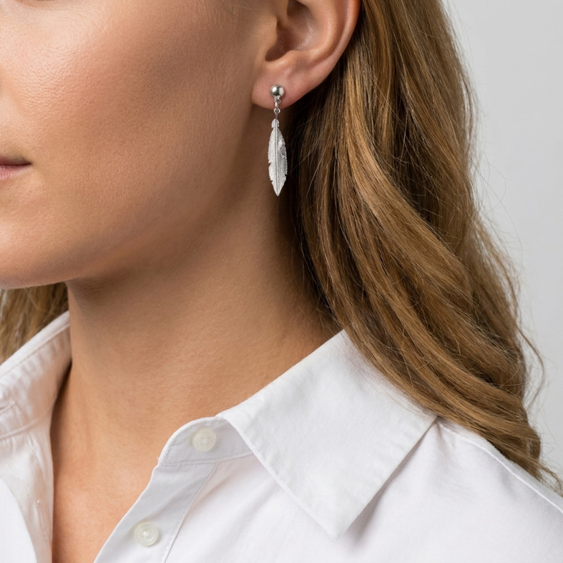 Boucles d'oreilles Pendantes Argent Rhodié Plume porté