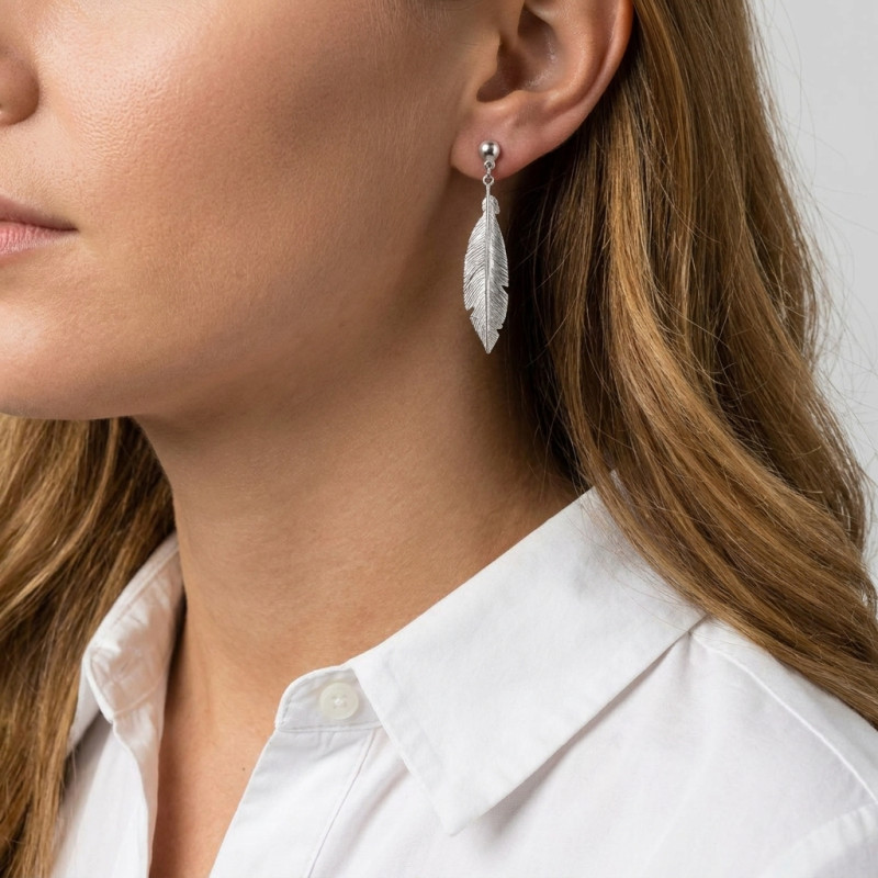 Boucles d'oreilles Pendantes Argent Rhodié Plume porté