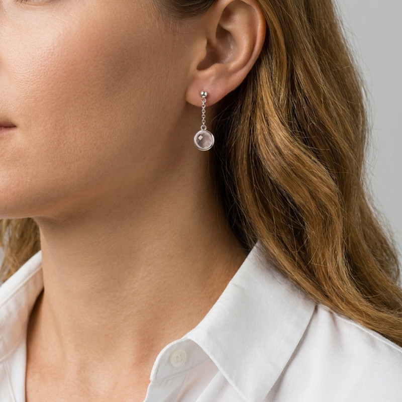 Boucles d'oreilles Pendantes Argent Rhodié  Quartz rose rond porté