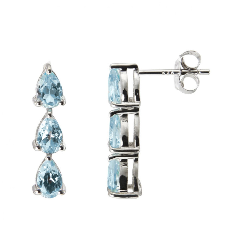 Boucles D'oreilles Pendantes Argentées - Avec Pierre Bleue Et Grise, Comme Neuves
