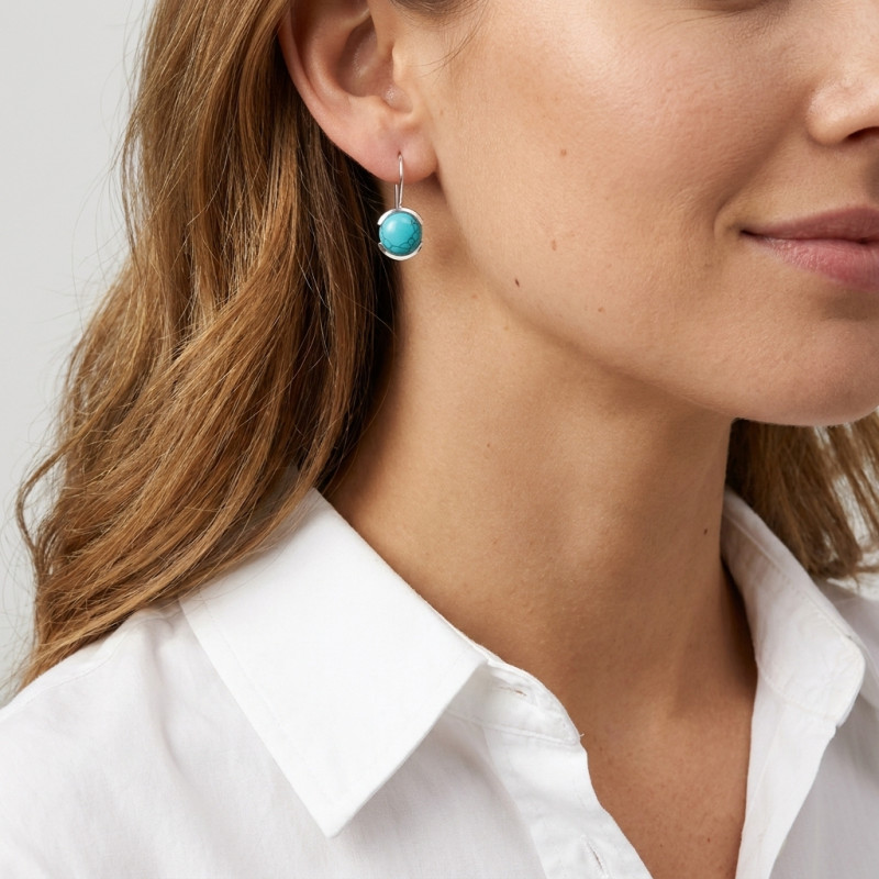 Boucles d'oreilles Pendantes Argent Turquoise reconstituée   Ronde 10mm porté