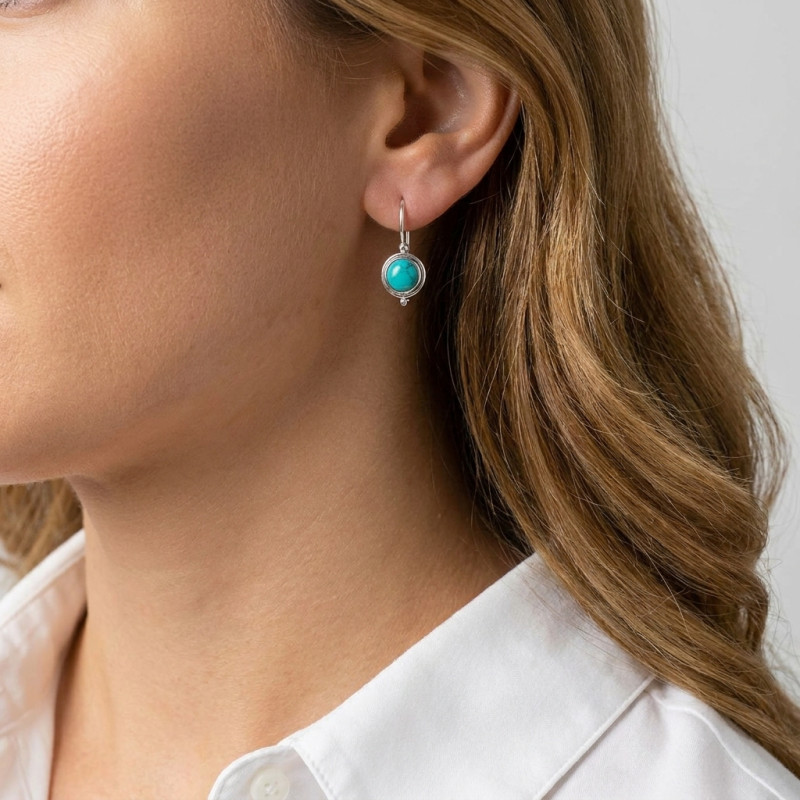 Boucles d'oreilles Pendantes Argent Turquoise reconstituée   Ronde 7mm porté