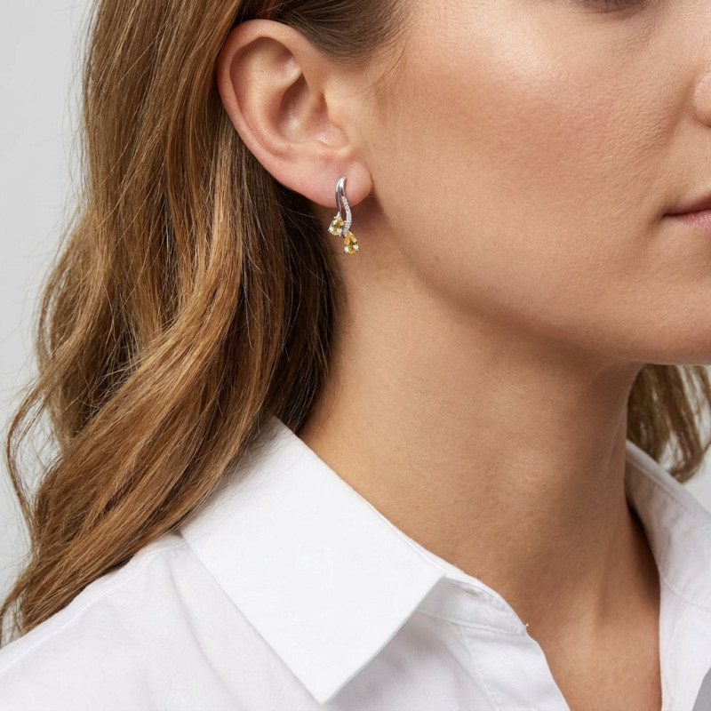 Boucles d'oreilles Pendantes en Argent 925 Rhodié Citrine Poire et Oxyde porté