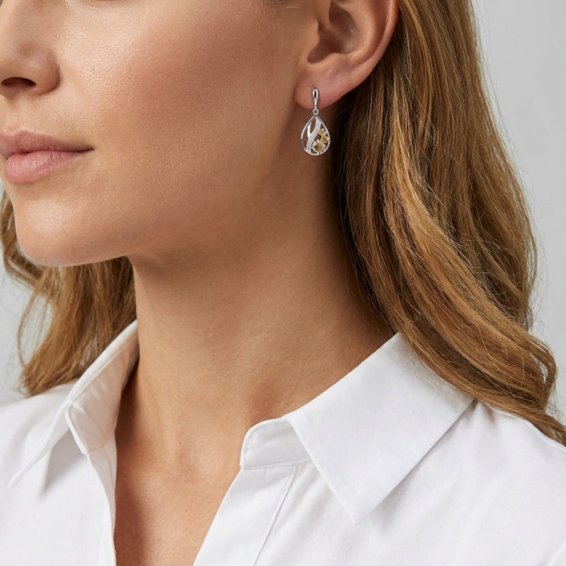 Boucles d'oreilles Pendantes en Argent 925 Rhodié Citrine Rondes et Oxydes porté