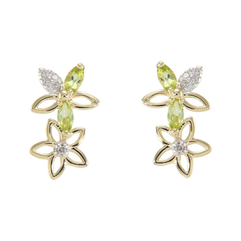 Boucles D'oreilles Pendantes Plaqué Or - Pierres Péridot Et CZ Brillants - Neuf Avec Boîte Cadeau