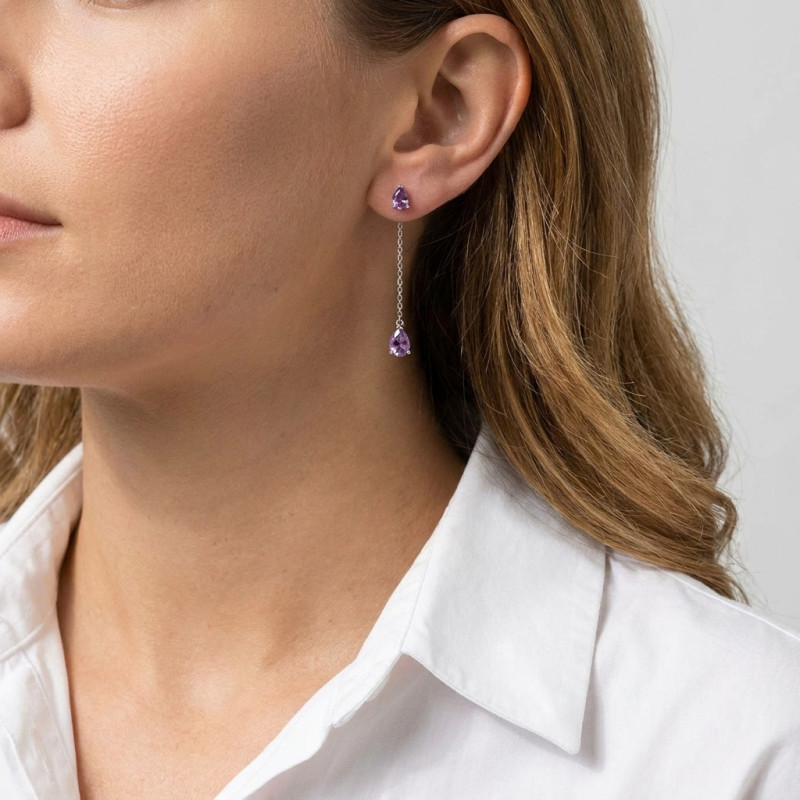 Boucles d'oreilles Pendantes Or Blanc 375 Améthyste taille poire porté