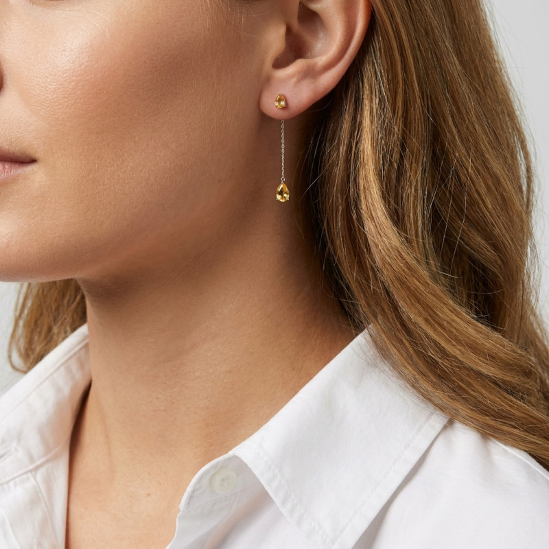 Boucles d'oreilles Pendantes Or Blanc 375 Citrine taille poire porté
