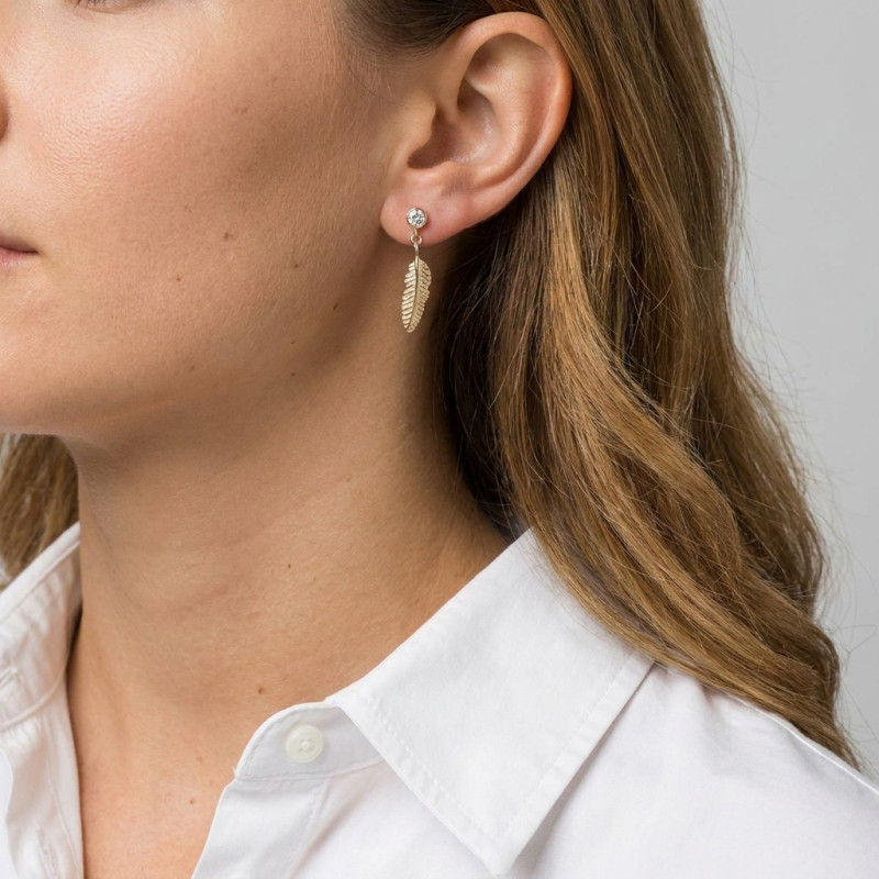 Boucles d'oreilles pendantes Or Jaune 375 Plume et Oxyde porté