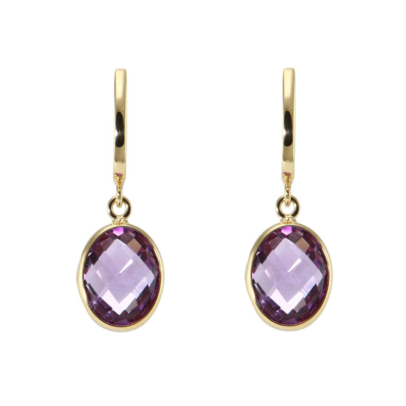Boucles D'oreilles Pendantes Or Jaune 18K 750 - Cristaux Roses, Neuf Avec étiquettes