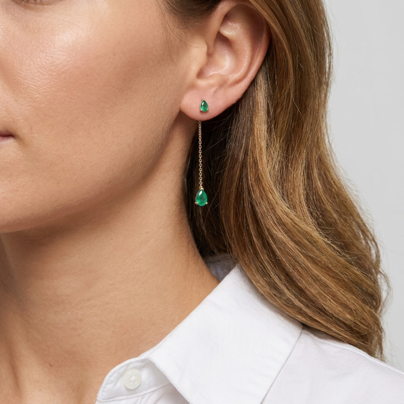 Boucles d'oreilles Pendantes Or Jaune 750 Emeraude taille poire porté