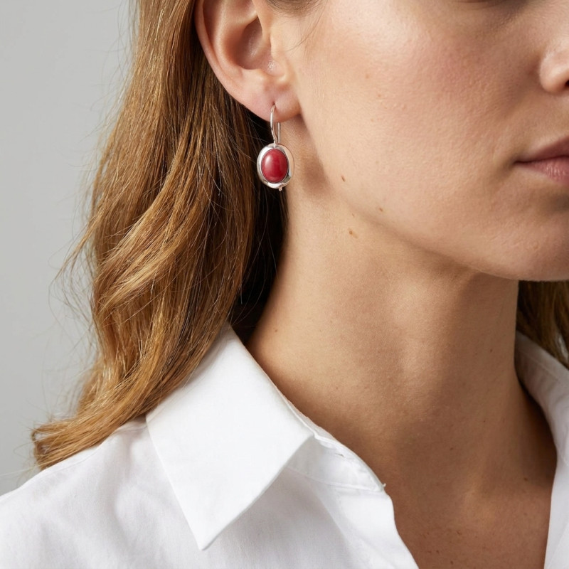 Boucles d'oreilles  Pendantes Rhodonite Ovale 10x8mm porté
