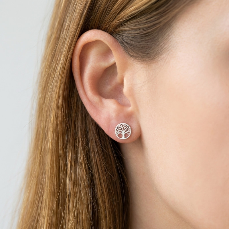 Boucles d'oreilles puces Argent 925 rhodié Arbre de vie porté