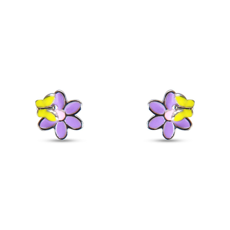 Boucles d'oreilles Puces Argent Enfant Fleur et Papillon Email