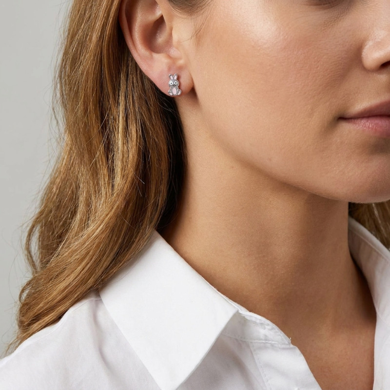 Boucles d'oreilles Puces Argent Enfant Lapin Email porté