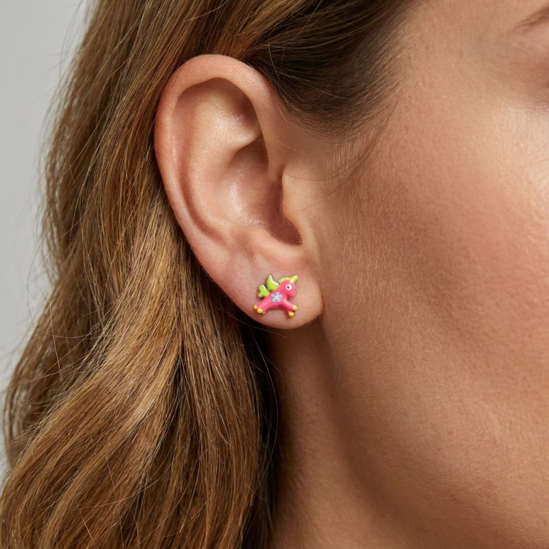 Boucles d'oreilles Puces Argent Enfant Licorne Email porté