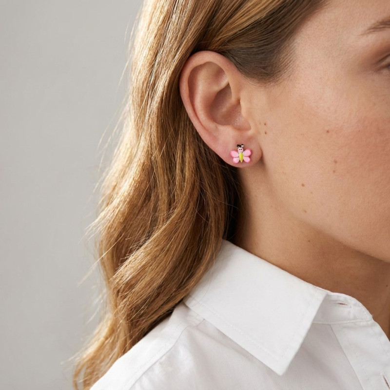Boucles d'oreilles Puces Argent Enfant Papillon Email porté
