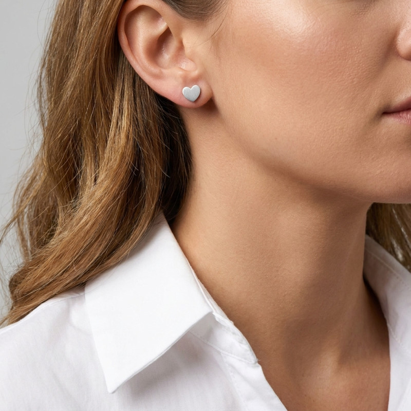 Boucles d'oreilles Puces Argent Rhodié Coeur porté