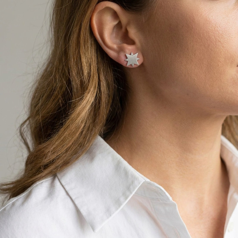 Boucles d'oreilles Puces Argent Rhodié Octogramme porté
