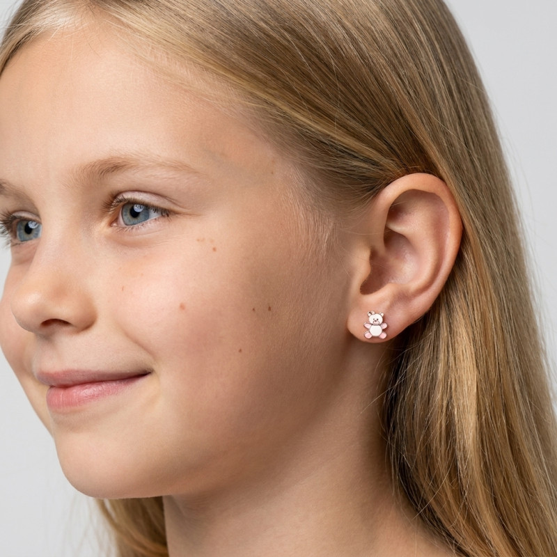 Boucles d'oreilles puces Or Jaune 375 Ourson porté