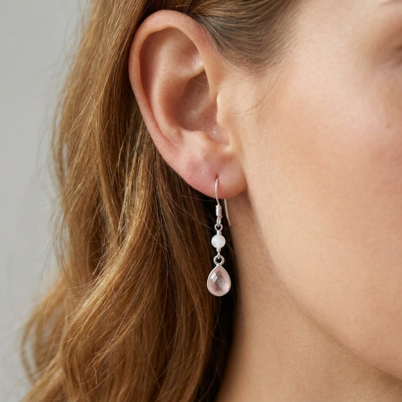 Boucles d'oreilles Quartz rose et Labradorite sur  Argent porté