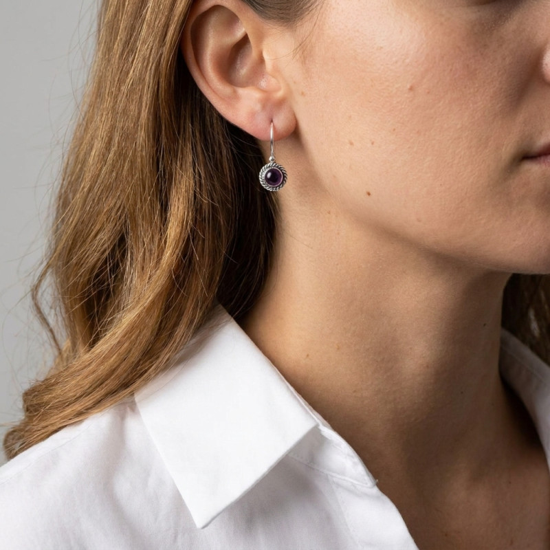 Boucles d'oreilles Vintage Pendantes Argent 925 et Améthyste Ronde 5mm  porté