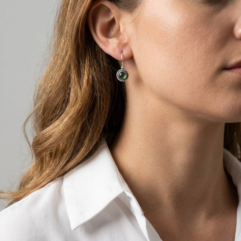 Boucles d'oreilles Vintage Pendantes Argent 925 et Aventurine Ronde 5mm  porté