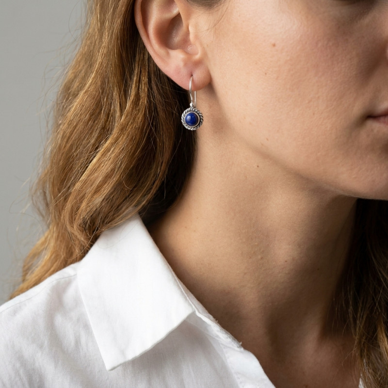 Boucles d'oreilles Vintage Pendantes Argent 925 et Lapis Lazuli Rond 5mm  porté