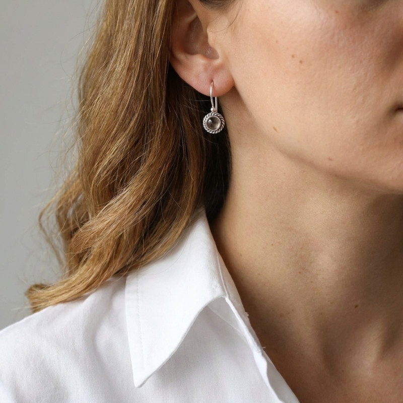 Boucles d'oreilles Vintage Pendantes Argent 925 et Quartz Rose Rond 5mm  porté