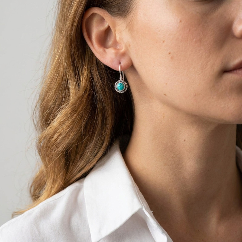 Boucles d'oreilles Vintage Pendantes Argent 925 et Turquoise Reconstituée Ronde 5mm  porté